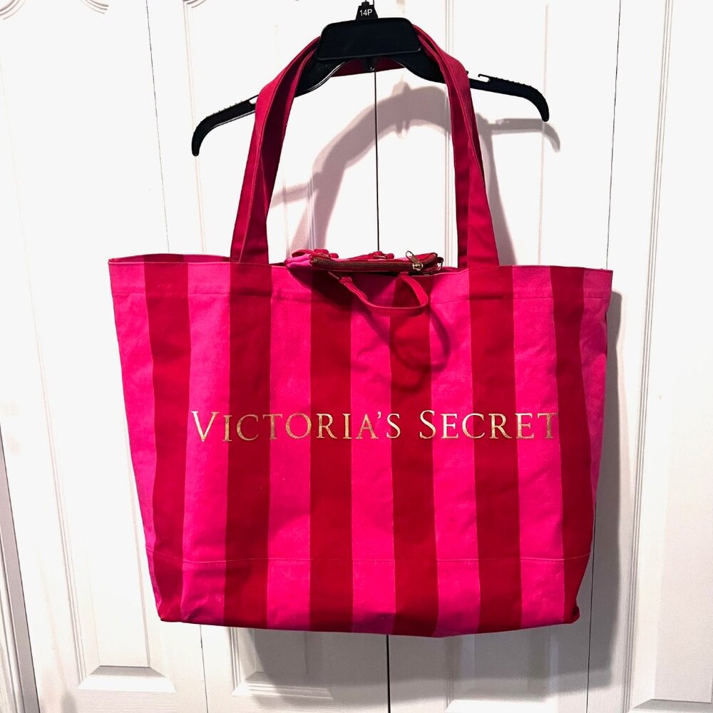 Victoria's Secret Iconic Pink/Red/Gold Striped Canvas Large Tote-Bonus Small One - Picture 2 of 16